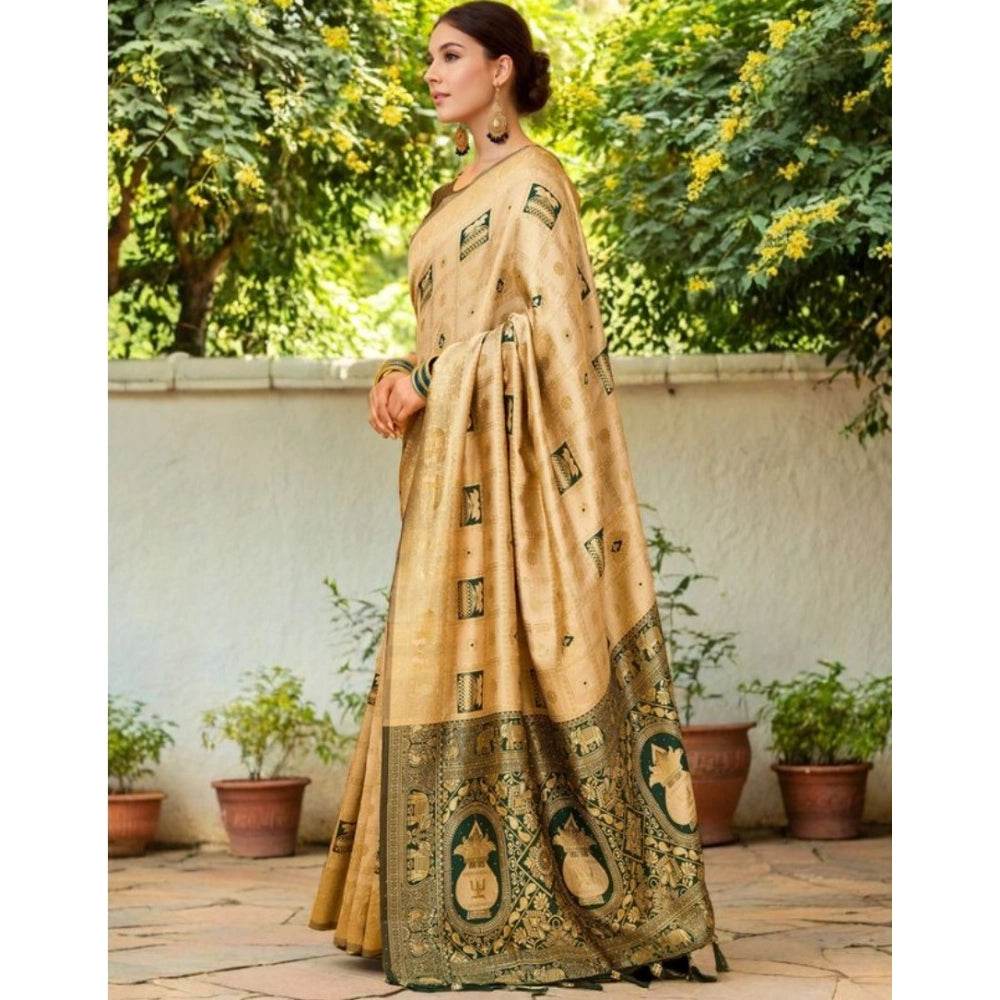 Generic Women's Silk Blend Woven Zari Work Saree With Unstitched Blouse 5.5Mtr (Cream) - MYLUXURY LANE ENTERPRISE