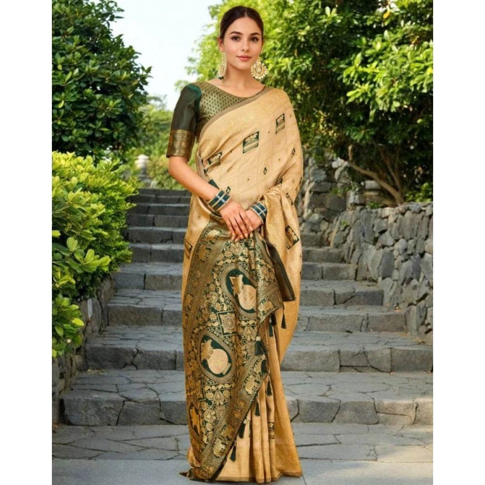 Generic Women's Silk Blend Woven Zari Work Saree With Unstitched Blouse 5.5Mtr (Cream) - MYLUXURY LANE ENTERPRISE