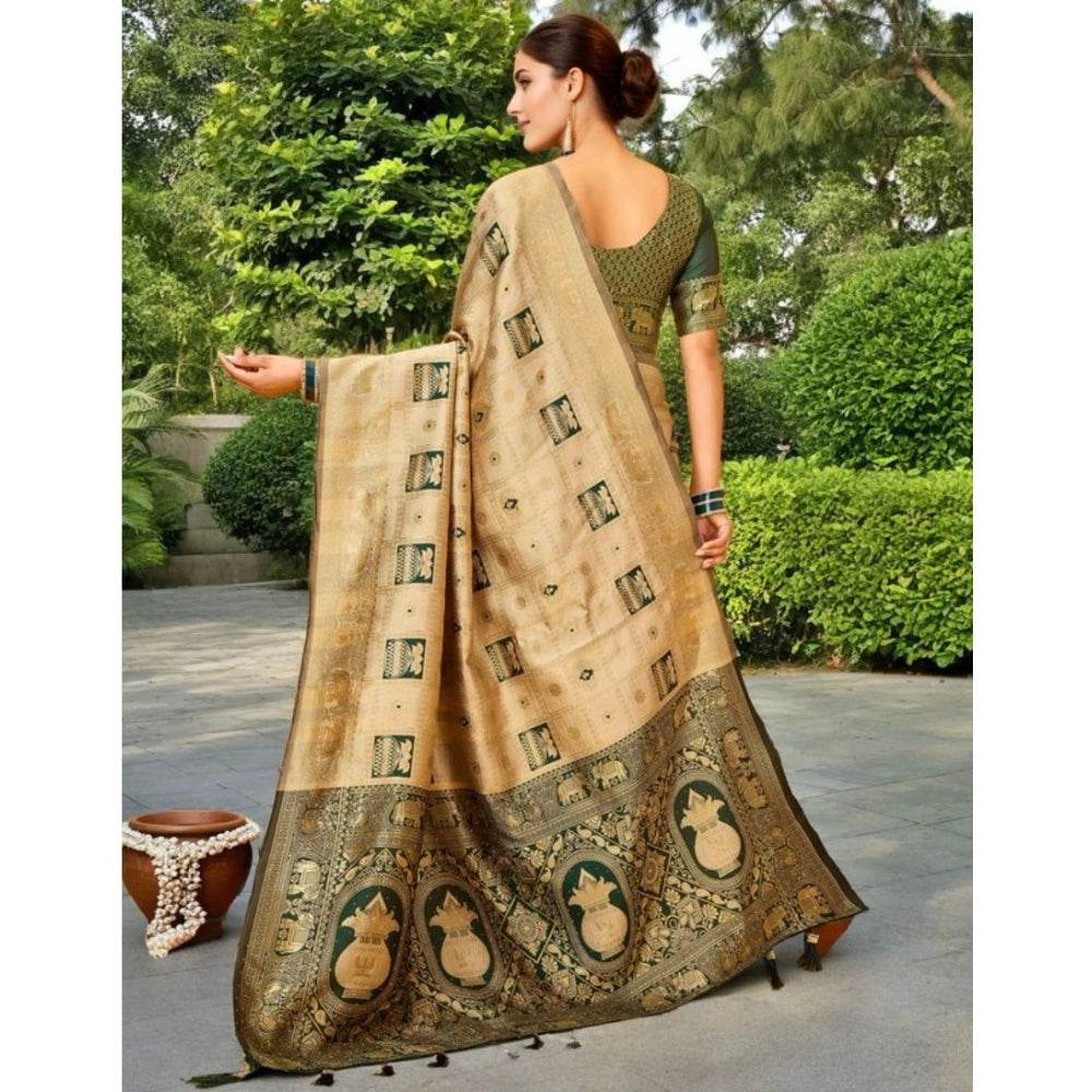 Generic Women's Silk Blend Woven Zari Work Saree With Unstitched Blouse 5.5Mtr (Cream) - MYLUXURY LANE ENTERPRISE