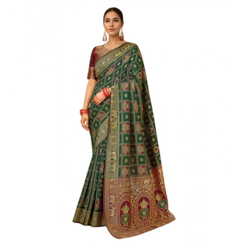 Generic Women's Silk Blend Woven Zari Work Saree With Unstitched Blouse 5.5Mtr (Green) - MYLUXURY LANE ENTERPRISE