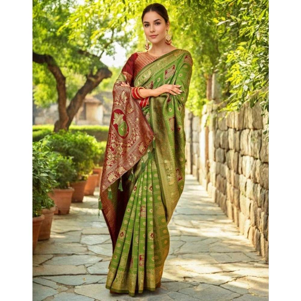 Generic Women's Silk Blend Woven Zari Work Saree With Unstitched Blouse 5.5Mtr (Light Green) - MYLUXURY LANE ENTERPRISE