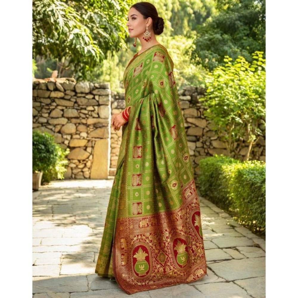 Generic Women's Silk Blend Woven Zari Work Saree With Unstitched Blouse 5.5Mtr (Light Green) - MYLUXURY LANE ENTERPRISE