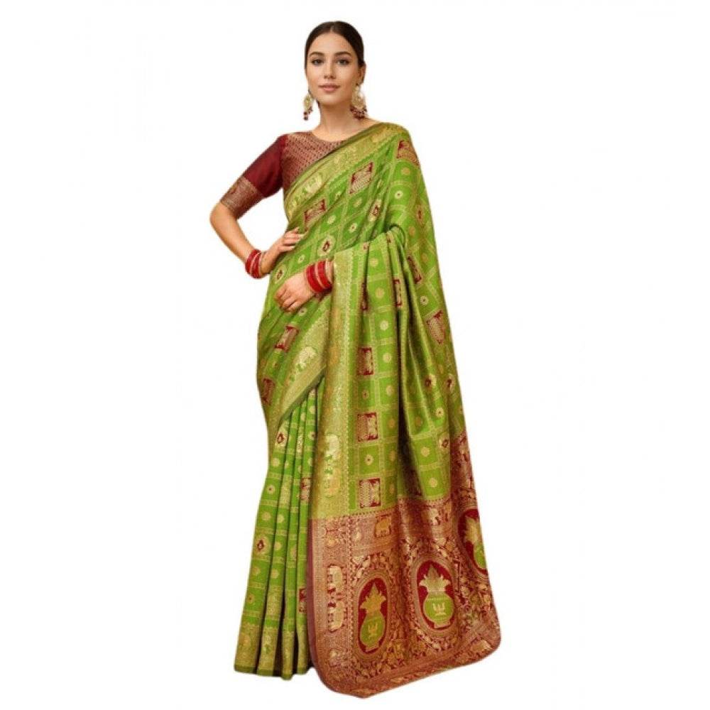 Generic Women's Silk Blend Woven Zari Work Saree With Unstitched Blouse 5.5Mtr (Light Green) - MYLUXURY LANE ENTERPRISE