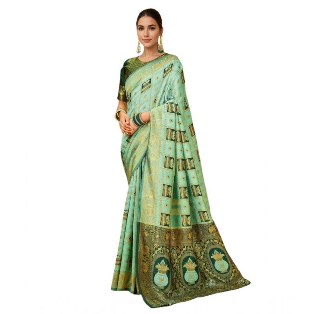 Generic Women's Silk Blend Woven Zari Work Saree With Unstitched Blouse 5.5Mtr (Mint Green) - MYLUXURY LANE ENTERPRISE