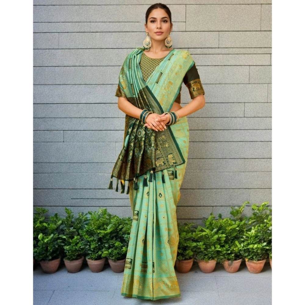 Generic Women's Silk Blend Woven Zari Work Saree With Unstitched Blouse 5.5Mtr (Mint Green) - MYLUXURY LANE ENTERPRISE