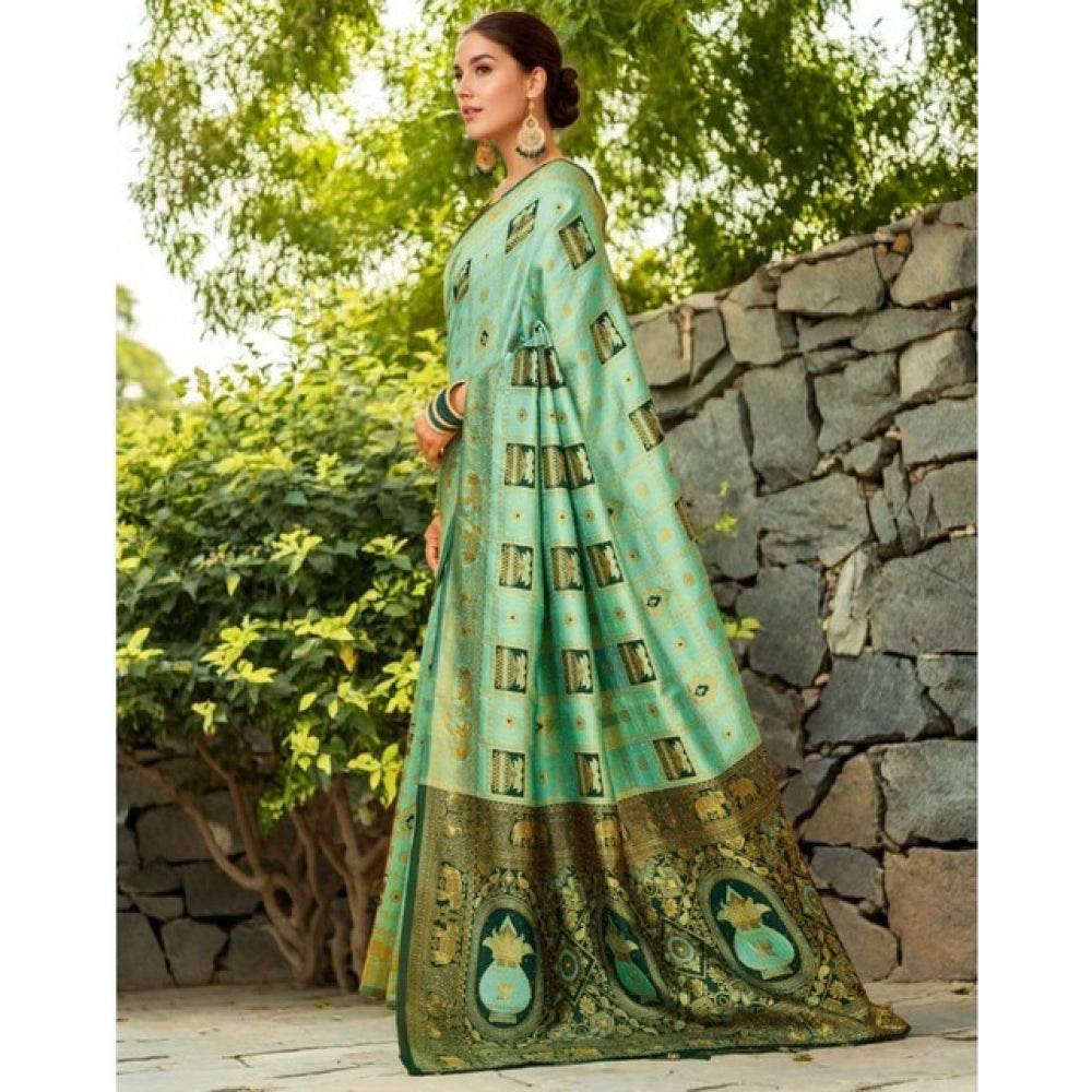Generic Women's Silk Blend Woven Zari Work Saree With Unstitched Blouse 5.5Mtr (Mint Green) - MYLUXURY LANE ENTERPRISE