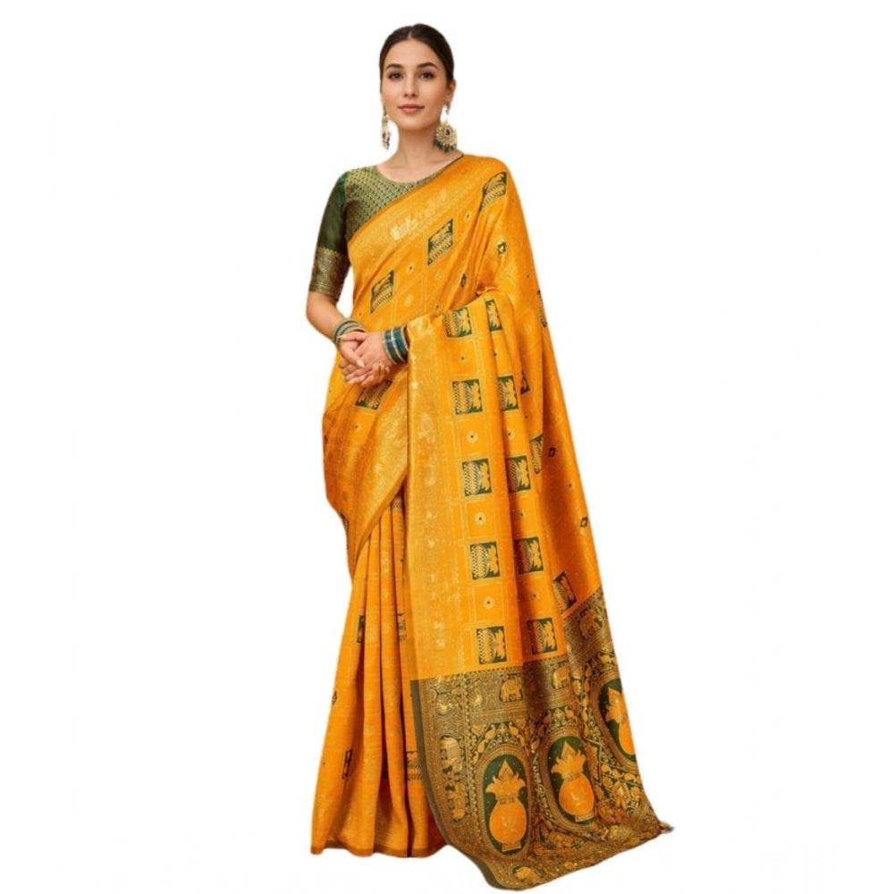 Generic Women's Silk Blend Woven Zari Work Saree With Unstitched Blouse 5.5Mtr (Mustard) - MYLUXURY LANE ENTERPRISE