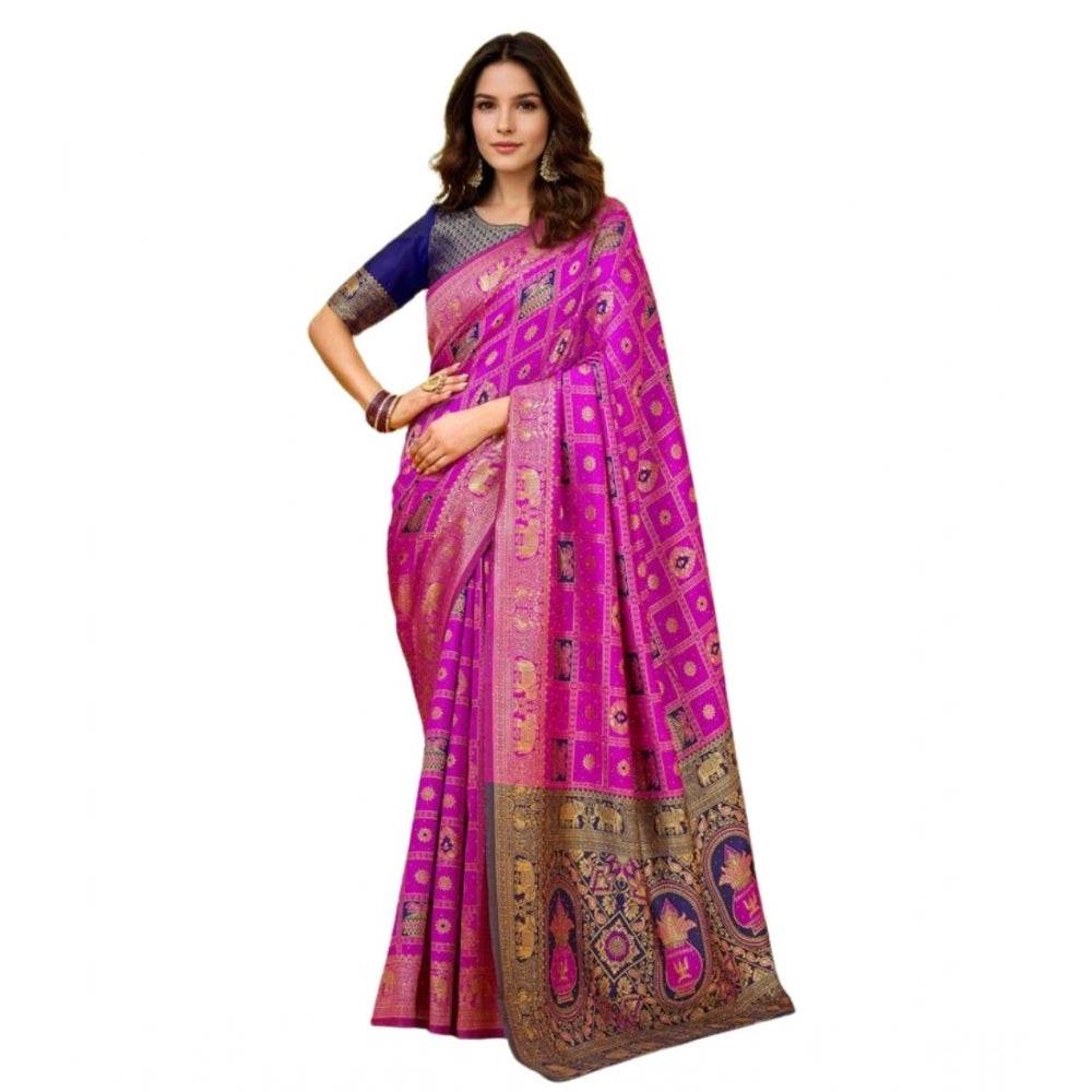 Generic Women's Silk Blend Woven Zari Work Saree With Unstitched Blouse 5.5Mtr (Pink) - MYLUXURY LANE ENTERPRISE