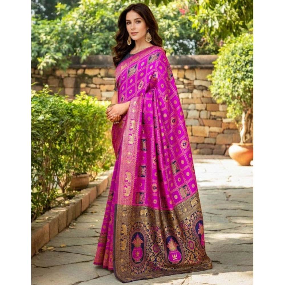 Generic Women's Silk Blend Woven Zari Work Saree With Unstitched Blouse 5.5Mtr (Pink) - MYLUXURY LANE ENTERPRISE