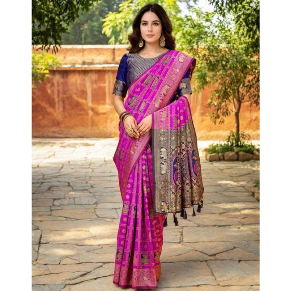 Generic Women's Silk Blend Woven Zari Work Saree With Unstitched Blouse 5.5Mtr (Pink) - MYLUXURY LANE ENTERPRISE