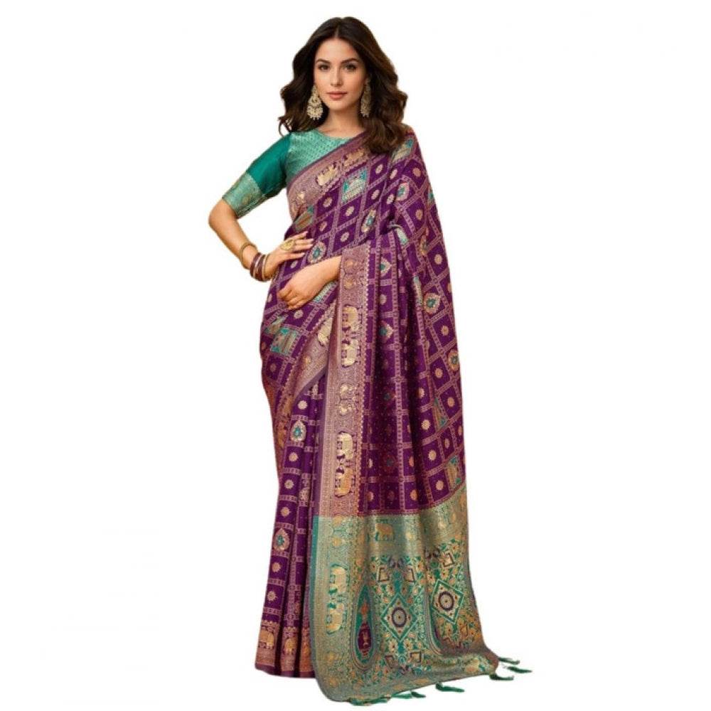 Generic Women's Silk Blend Woven Zari Work Saree With Unstitched Blouse 5.5Mtr (Purple) - MYLUXURY LANE ENTERPRISE