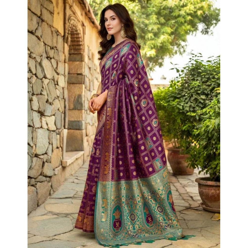 Generic Women's Silk Blend Woven Zari Work Saree With Unstitched Blouse 5.5Mtr (Purple) - MYLUXURY LANE ENTERPRISE
