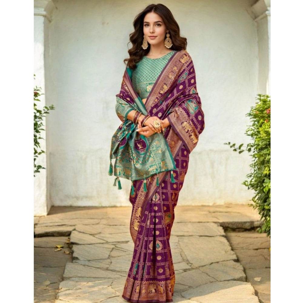 Generic Women's Silk Blend Woven Zari Work Saree With Unstitched Blouse 5.5Mtr (Purple) - MYLUXURY LANE ENTERPRISE