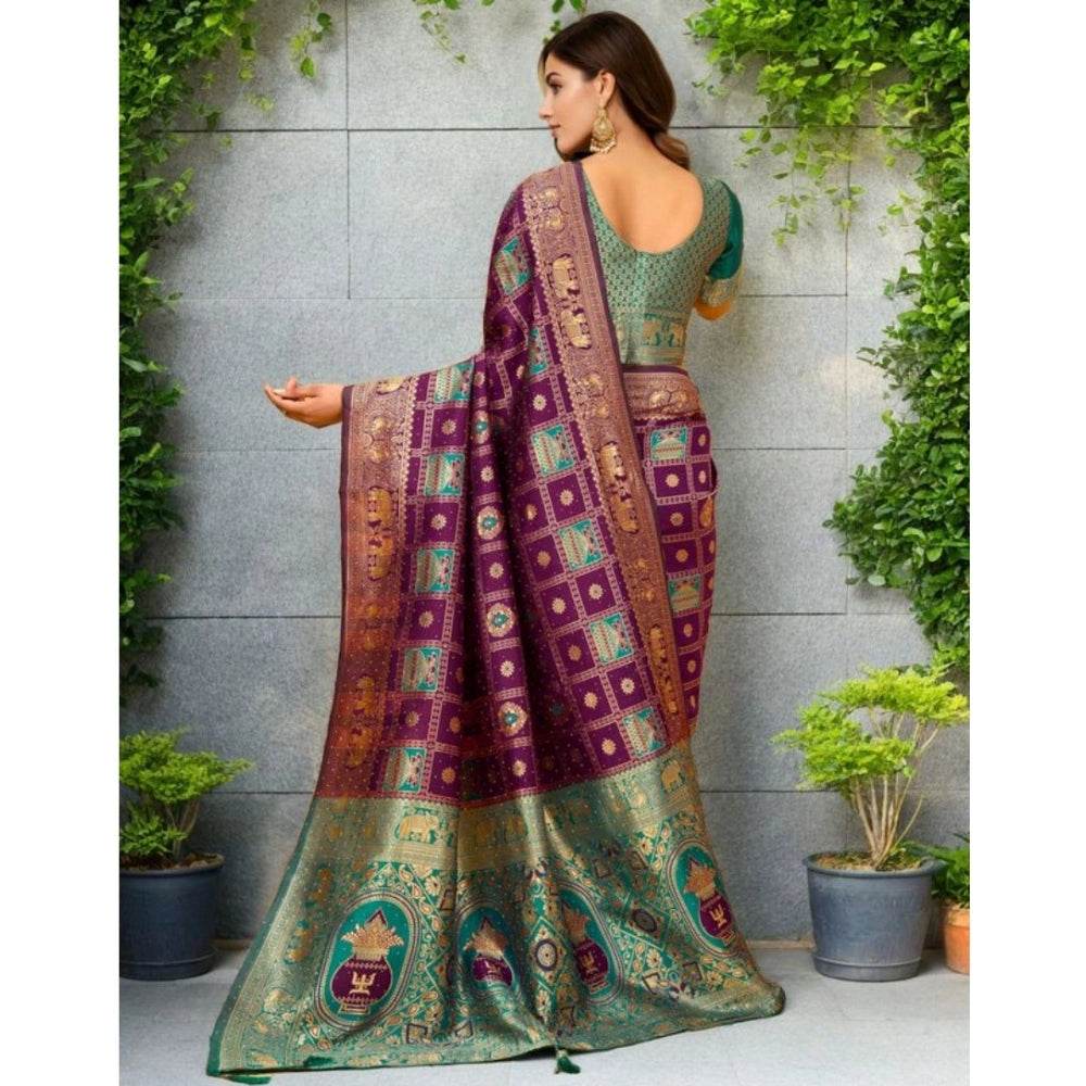 Generic Women's Silk Blend Woven Zari Work Saree With Unstitched Blouse 5.5Mtr (Purple) - MYLUXURY LANE ENTERPRISE