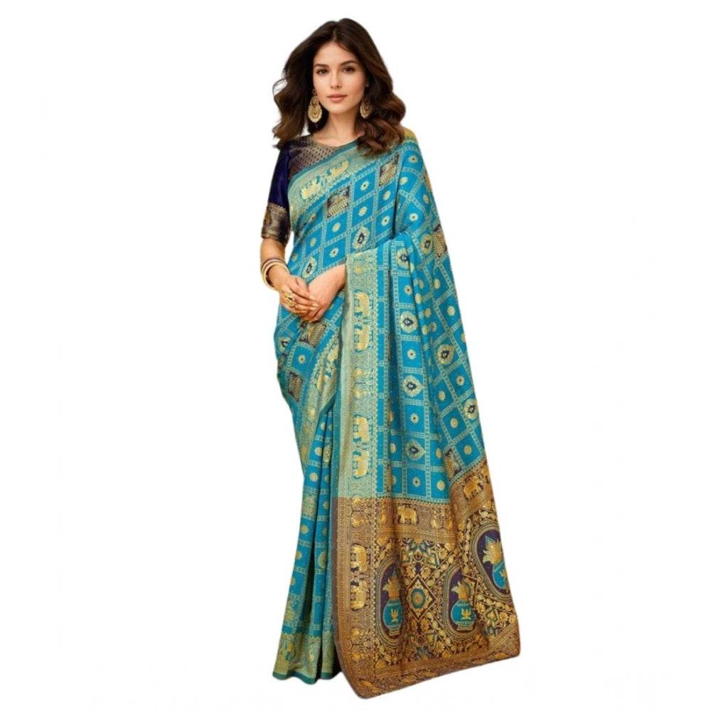 Generic Women's Silk Blend Woven Zari Work Saree With Unstitched Blouse 5.5Mtr (Rama) - MYLUXURY LANE ENTERPRISE