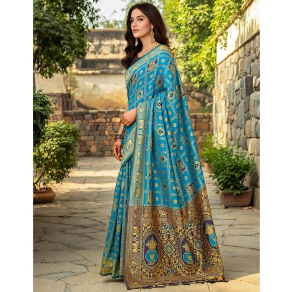 Generic Women's Silk Blend Woven Zari Work Saree With Unstitched Blouse 5.5Mtr (Rama) - MYLUXURY LANE ENTERPRISE