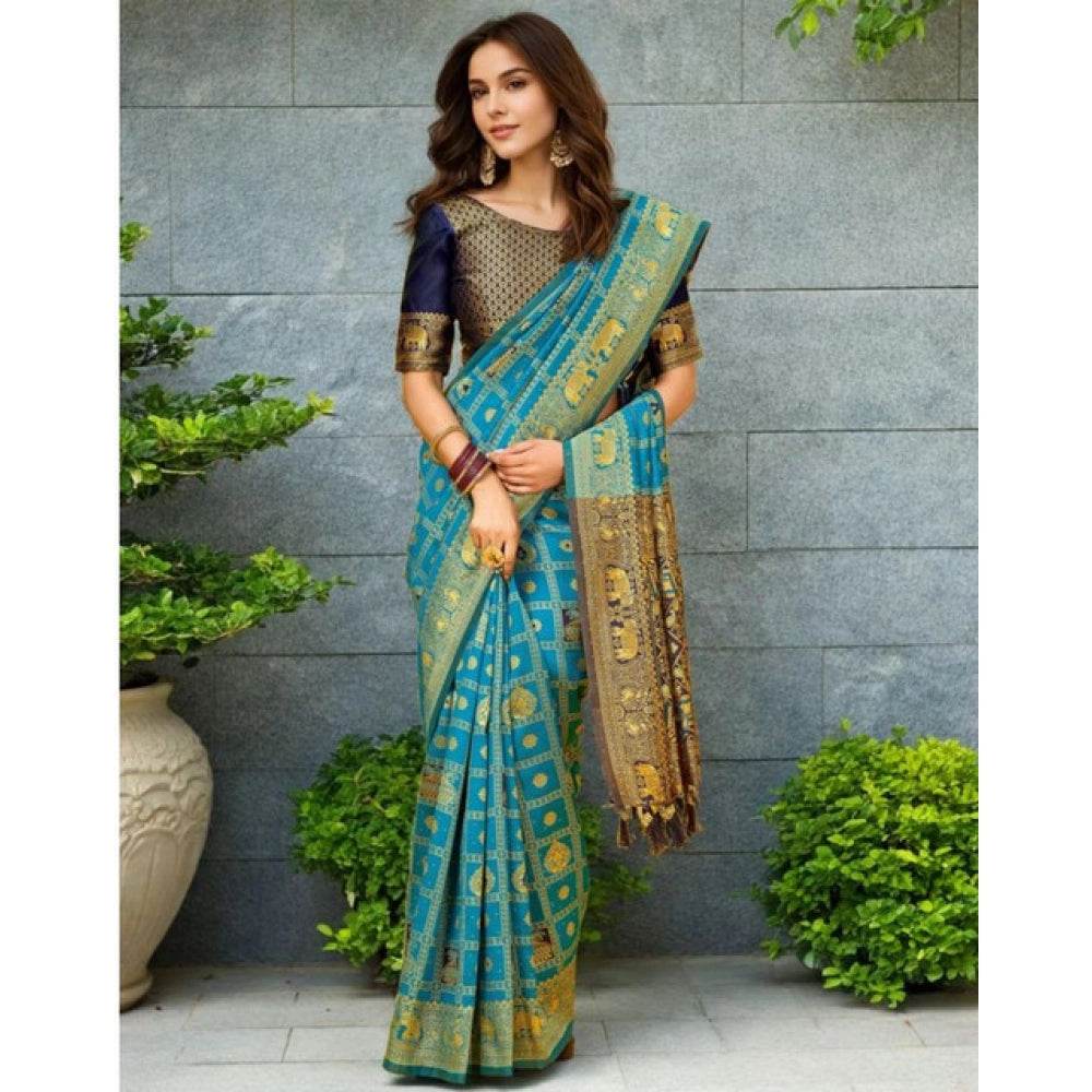 Generic Women's Silk Blend Woven Zari Work Saree With Unstitched Blouse 5.5Mtr (Rama) - MYLUXURY LANE ENTERPRISE