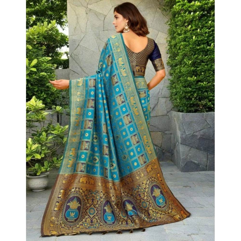 Generic Women's Silk Blend Woven Zari Work Saree With Unstitched Blouse 5.5Mtr (Rama) - MYLUXURY LANE ENTERPRISE