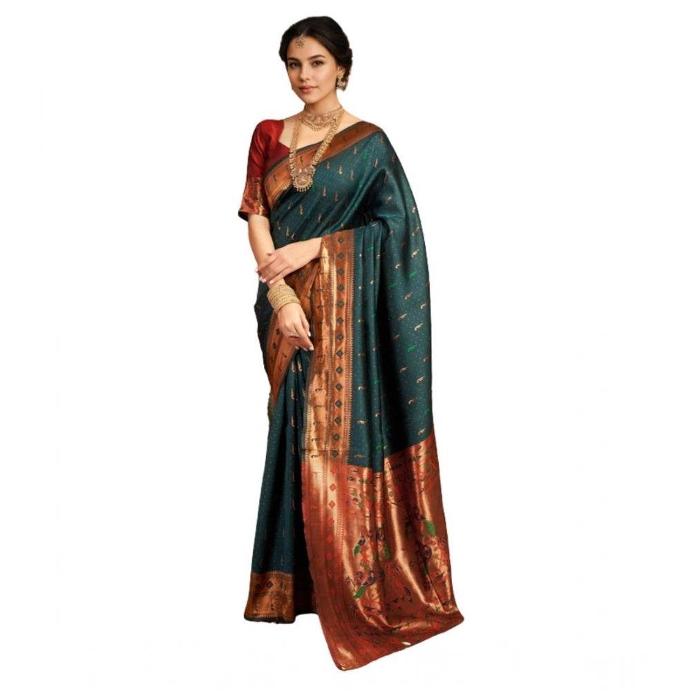 Generic Women's Silk Blend Zari Woven Saree With Unstitched Blouse 5.5Mtr (Green) - MYLUXURY LANE ENTERPRISE
