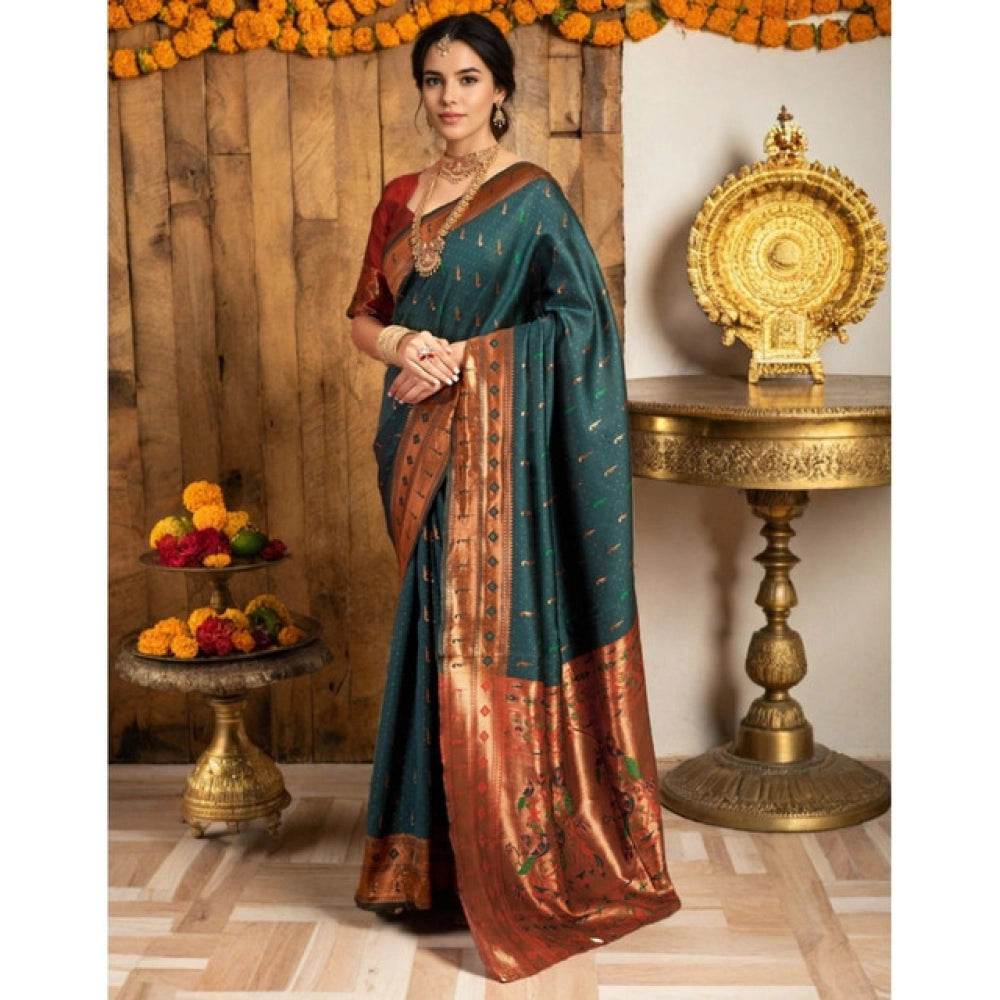 Generic Women's Silk Blend Zari Woven Saree With Unstitched Blouse 5.5Mtr (Green) - MYLUXURY LANE ENTERPRISE