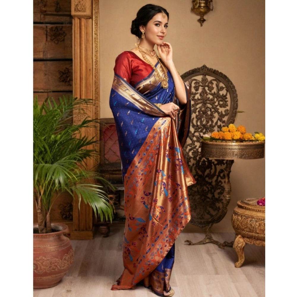 Generic Women's Silk Blend Zari Woven Saree With Unstitched Blouse 5.5Mtr (Navy) - MYLUXURY LANE ENTERPRISE