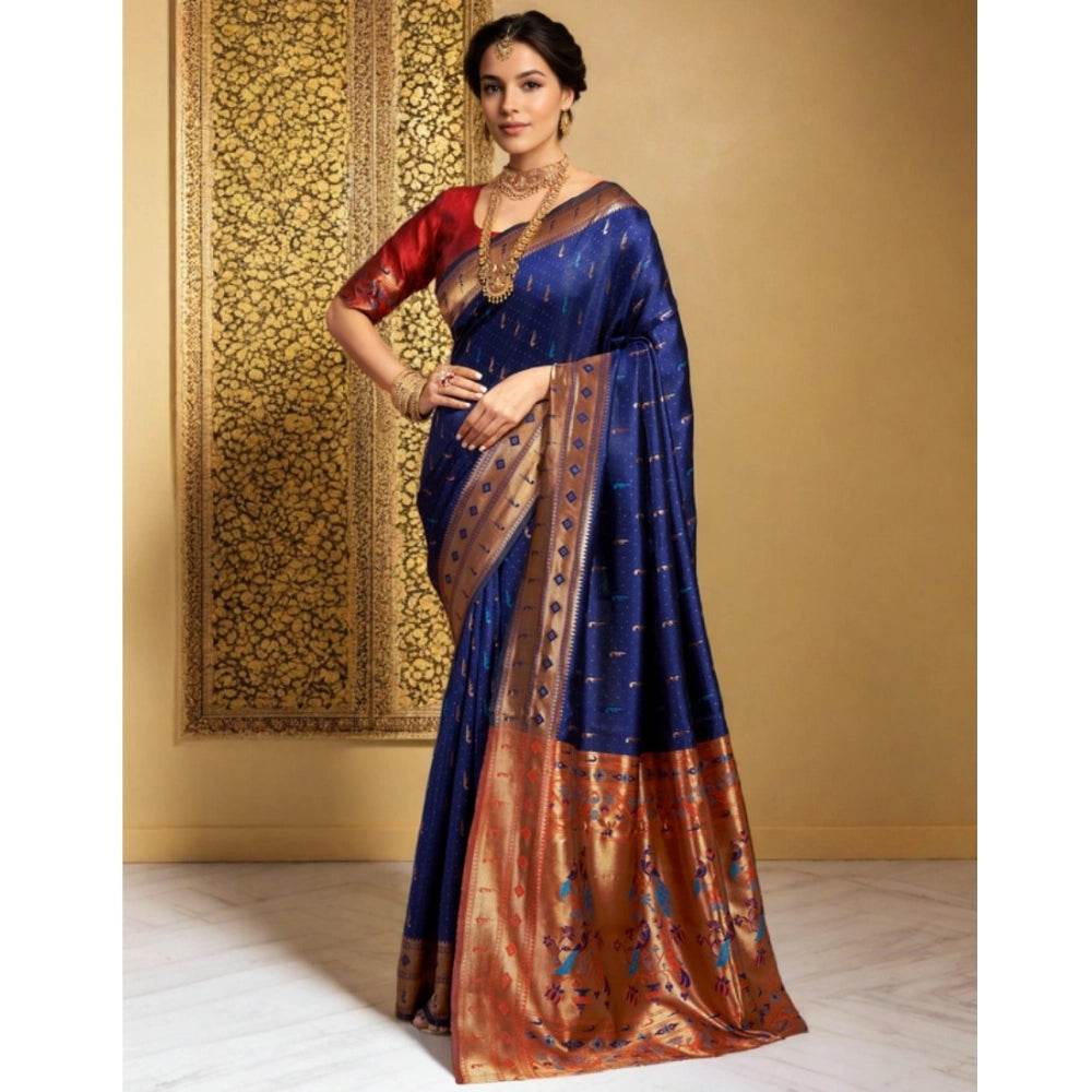 Generic Women's Silk Blend Zari Woven Saree With Unstitched Blouse 5.5Mtr (Navy) - MYLUXURY LANE ENTERPRISE