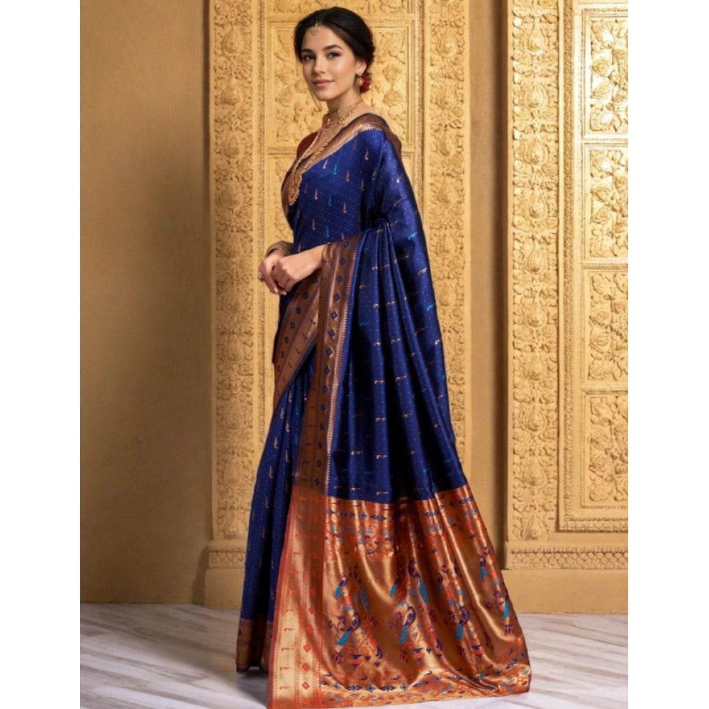 Generic Women's Silk Blend Zari Woven Saree With Unstitched Blouse 5.5Mtr (Navy) - MYLUXURY LANE ENTERPRISE