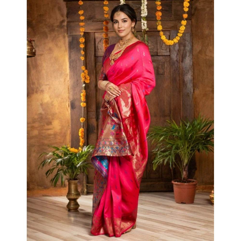 Generic Women's Silk Blend Zari Woven Saree With Unstitched Blouse 5.5Mtr (Pink) - MYLUXURY LANE ENTERPRISE