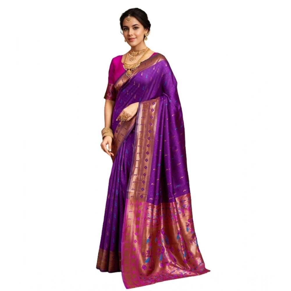 Generic Women's Silk Blend Zari Woven Saree With Unstitched Blouse 5.5Mtr (Purple) - MYLUXURY LANE ENTERPRISE