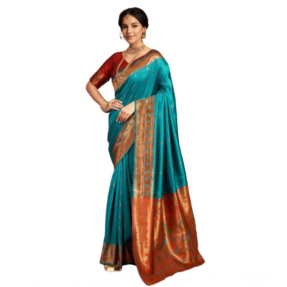 Generic Women's Silk Blend Zari Woven Saree With Unstitched Blouse 5.5Mtr (Rama) - MYLUXURY LANE ENTERPRISE