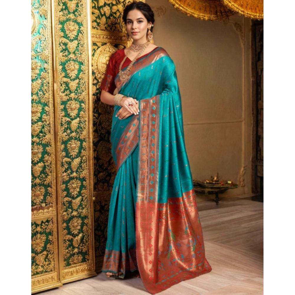 Generic Women's Silk Blend Zari Woven Saree With Unstitched Blouse 5.5Mtr (Rama) - MYLUXURY LANE ENTERPRISE