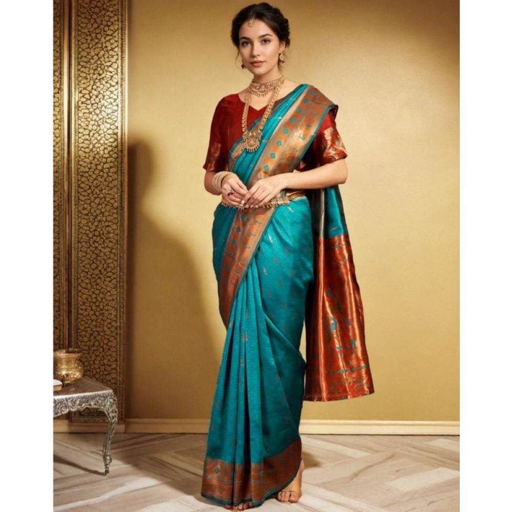 Generic Women's Silk Blend Zari Woven Saree With Unstitched Blouse 5.5Mtr (Rama) - MYLUXURY LANE ENTERPRISE