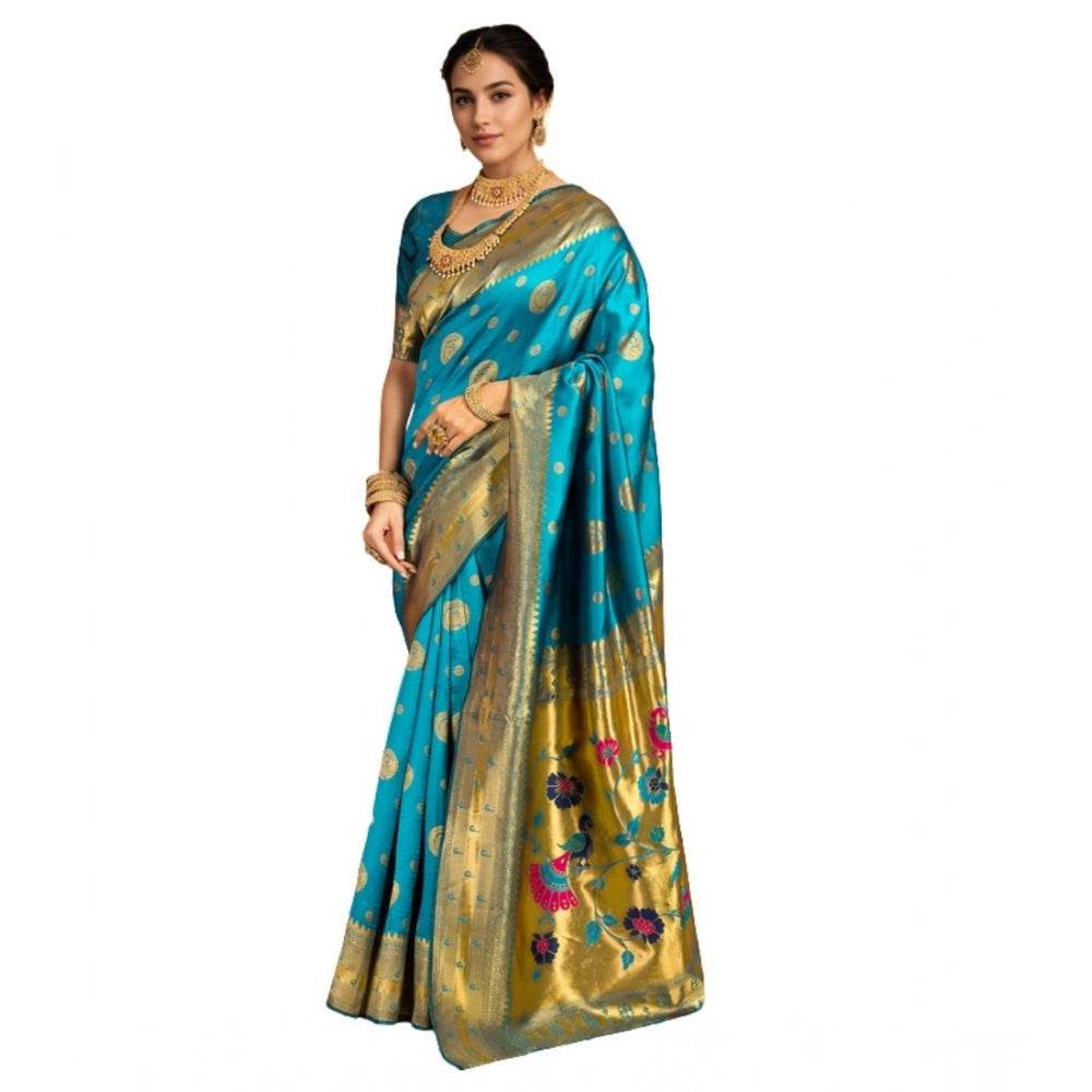 Generic Women's Silk Blend Paithani Saree With Unstitched Blouse 5.5Mtr (Rama) - MYLUXURY LANE ENTERPRISE