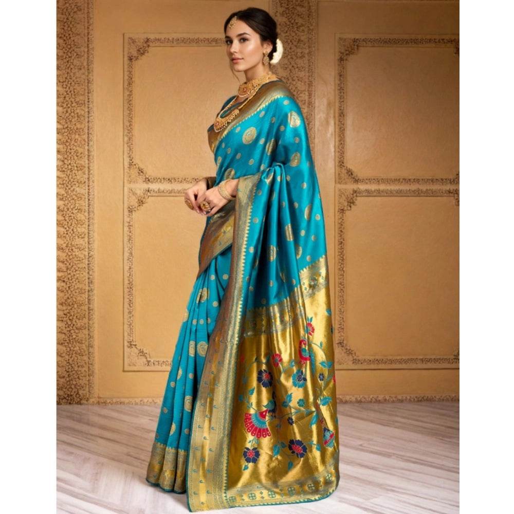 Generic Women's Silk Blend Paithani Saree With Unstitched Blouse 5.5Mtr (Rama) - MYLUXURY LANE ENTERPRISE