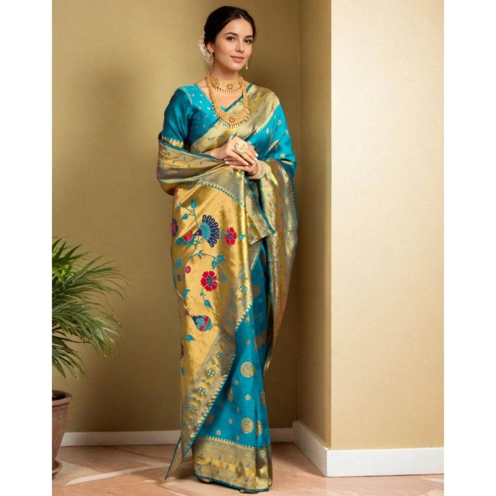 Generic Women's Silk Blend Paithani Saree With Unstitched Blouse 5.5Mtr (Rama) - MYLUXURY LANE ENTERPRISE