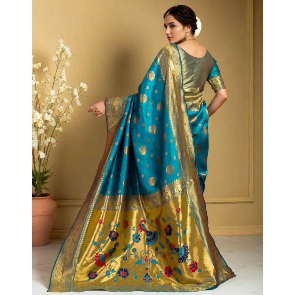 Generic Women's Silk Blend Paithani Saree With Unstitched Blouse 5.5Mtr (Rama) - MYLUXURY LANE ENTERPRISE
