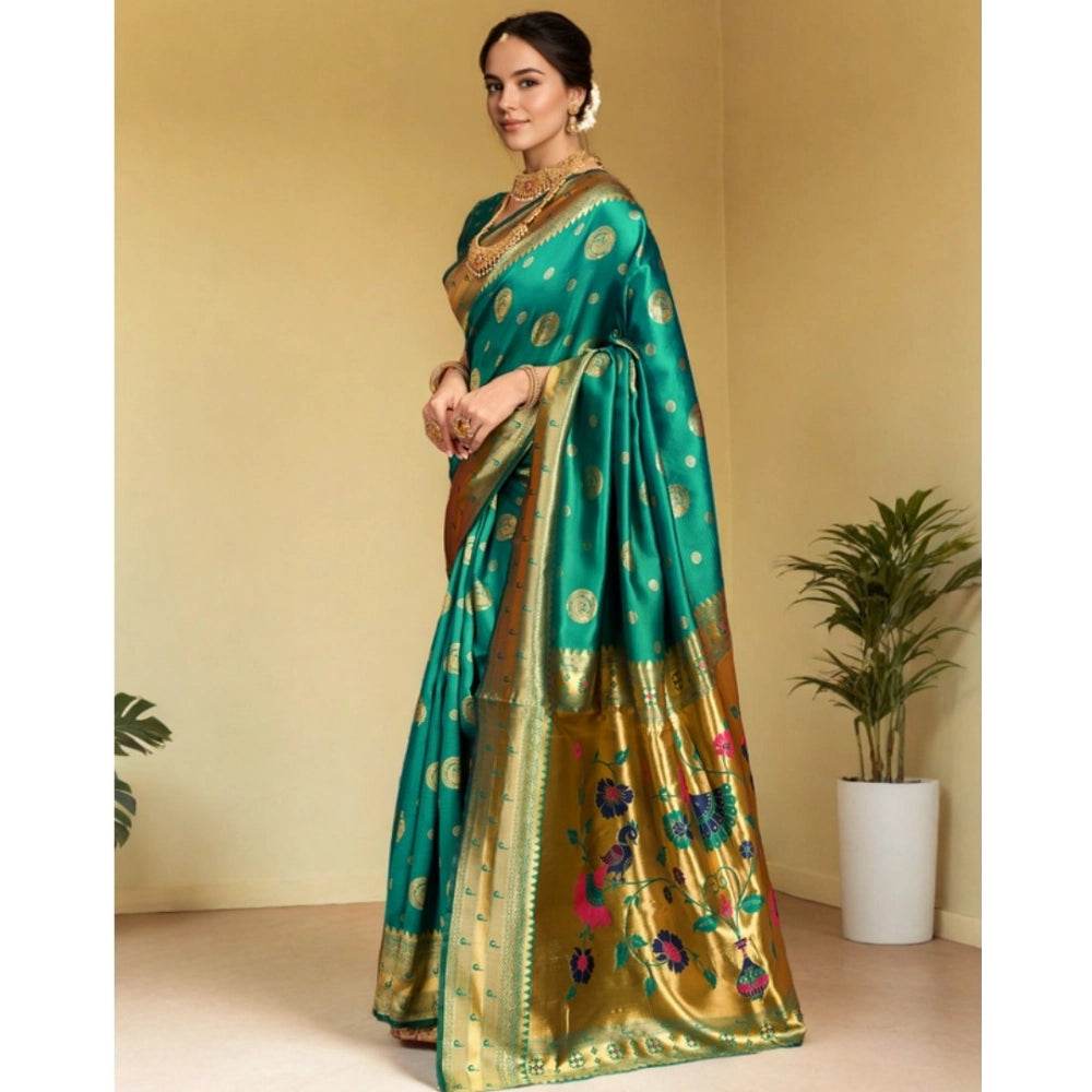 Generic Women's Silk Blend Paithani Saree With Unstitched Blouse 5.5Mtr (Green) - MYLUXURY LANE ENTERPRISE