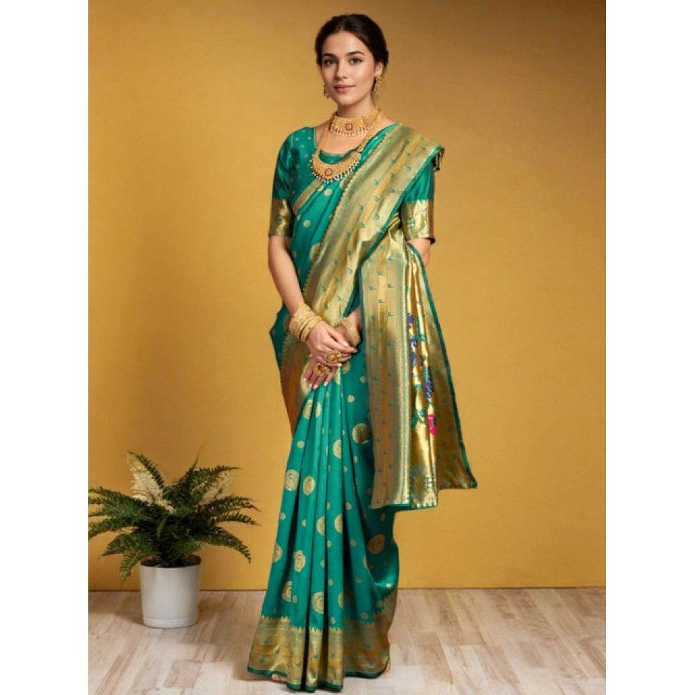 Generic Women's Silk Blend Paithani Saree With Unstitched Blouse 5.5Mtr (Green) - MYLUXURY LANE ENTERPRISE