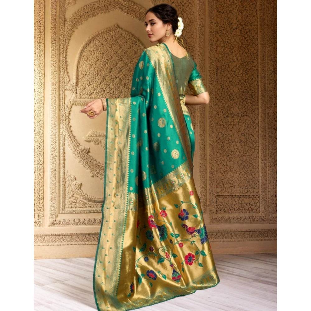 Generic Women's Silk Blend Paithani Saree With Unstitched Blouse 5.5Mtr (Green) - MYLUXURY LANE ENTERPRISE