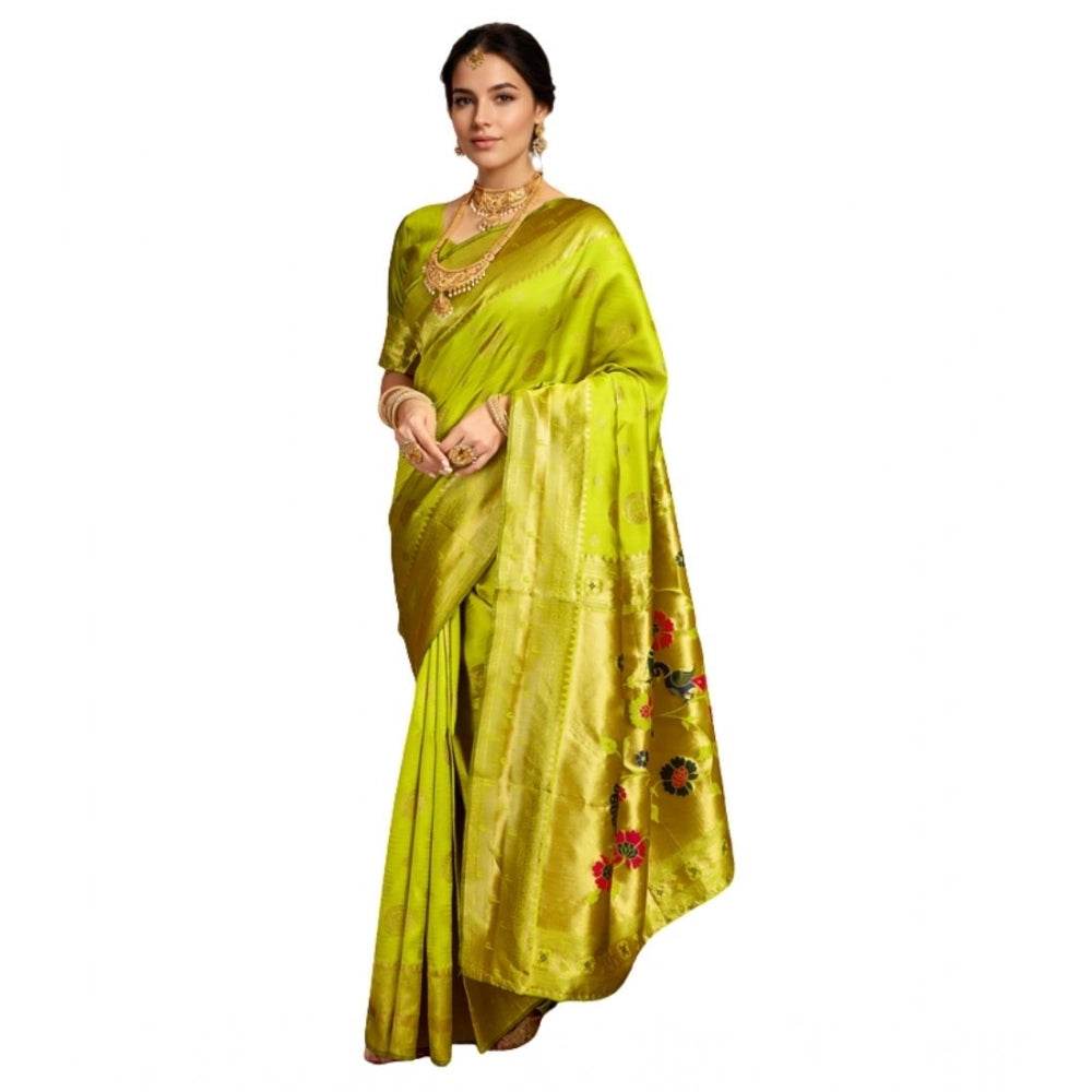 Generic Women's Silk Blend Paithani Saree With Unstitched Blouse 5.5Mtr (Lime Green) - MYLUXURY LANE ENTERPRISE