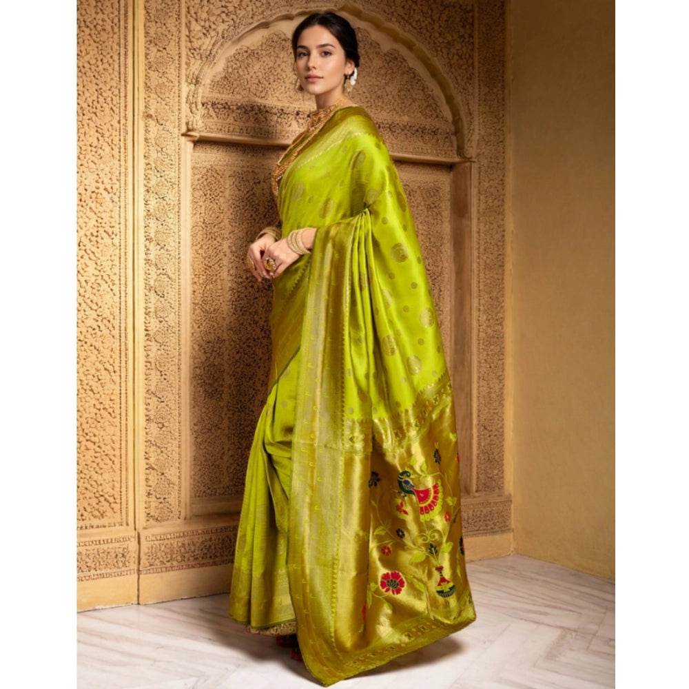 Generic Women's Silk Blend Paithani Saree With Unstitched Blouse 5.5Mtr (Lime Green) - MYLUXURY LANE ENTERPRISE