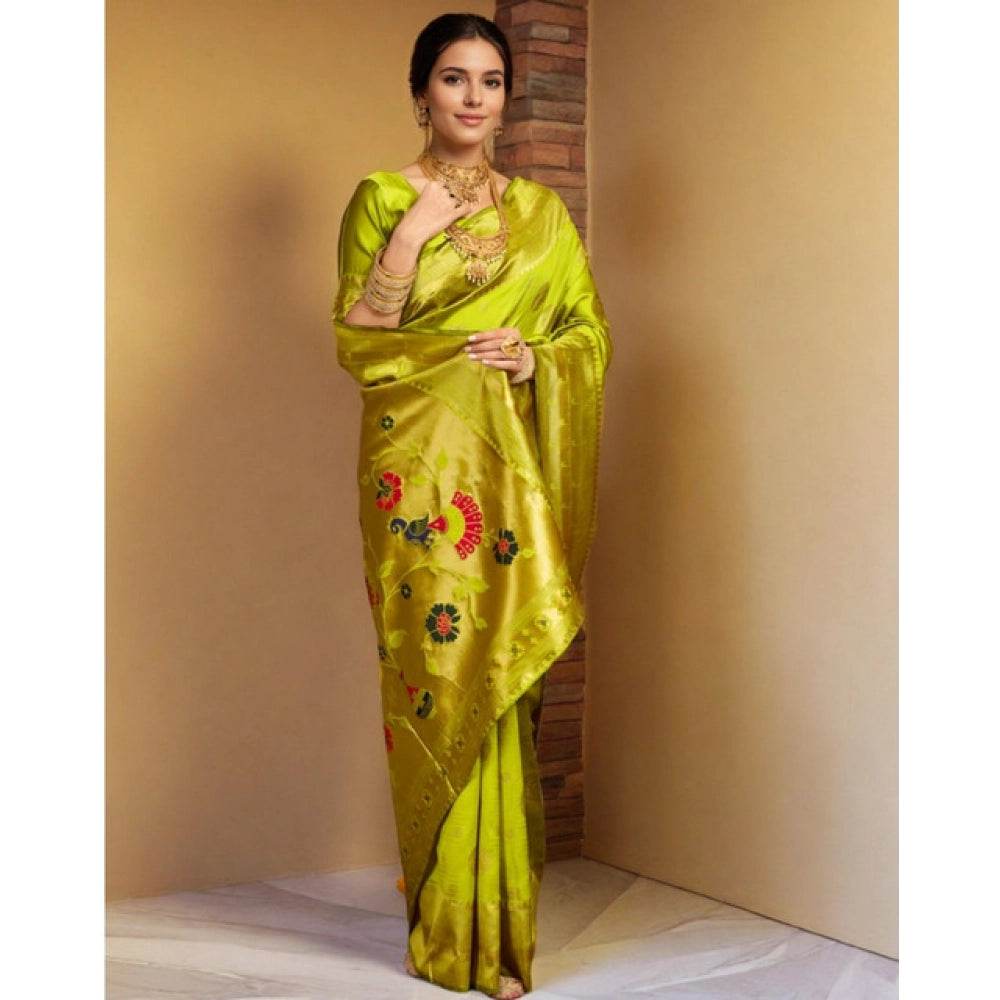 Generic Women's Silk Blend Paithani Saree With Unstitched Blouse 5.5Mtr (Lime Green) - MYLUXURY LANE ENTERPRISE