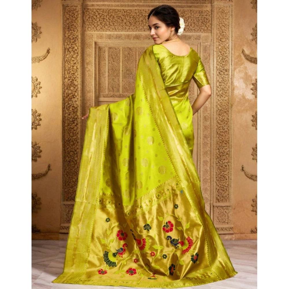 Generic Women's Silk Blend Paithani Saree With Unstitched Blouse 5.5Mtr (Lime Green) - MYLUXURY LANE ENTERPRISE