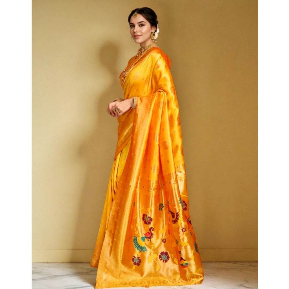 Generic Women's Silk Blend Paithani Saree With Unstitched Blouse 5.5Mtr (Mustard) - MYLUXURY LANE ENTERPRISE