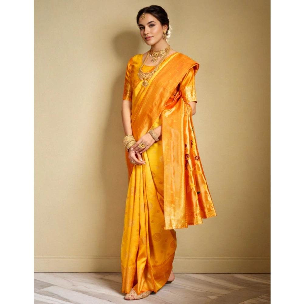Generic Women's Silk Blend Paithani Saree With Unstitched Blouse 5.5Mtr (Mustard) - MYLUXURY LANE ENTERPRISE