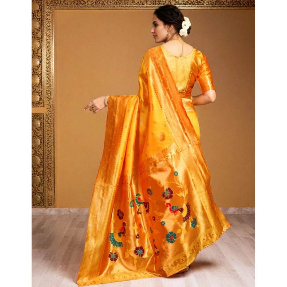 Generic Women's Silk Blend Paithani Saree With Unstitched Blouse 5.5Mtr (Mustard) - MYLUXURY LANE ENTERPRISE