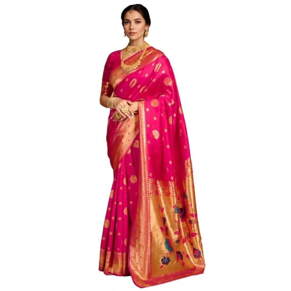 Generic Women's Silk Blend Paithani Saree With Unstitched Blouse 5.5Mtr (Pink) - MYLUXURY LANE ENTERPRISE