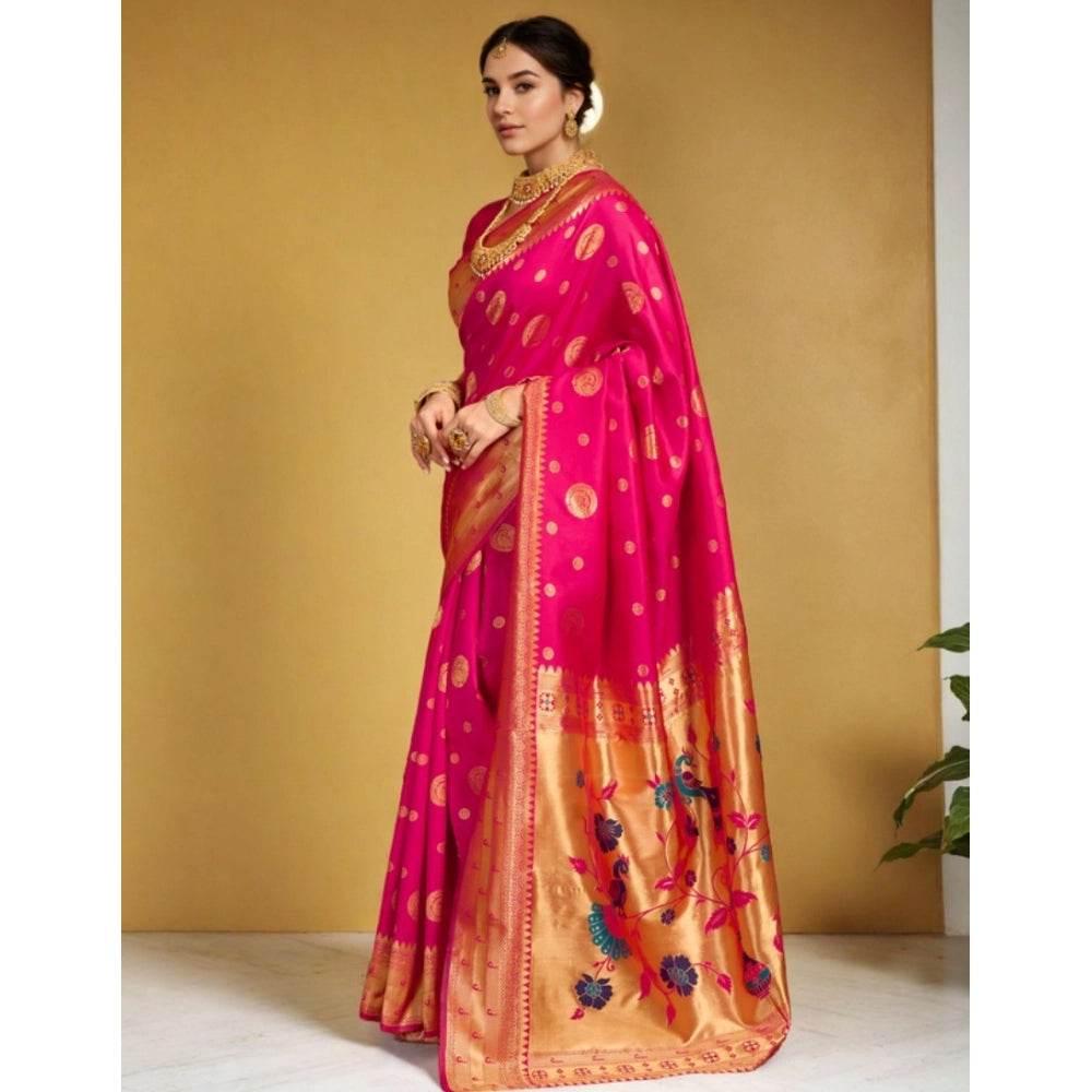 Generic Women's Silk Blend Paithani Saree With Unstitched Blouse 5.5Mtr (Pink) - MYLUXURY LANE ENTERPRISE