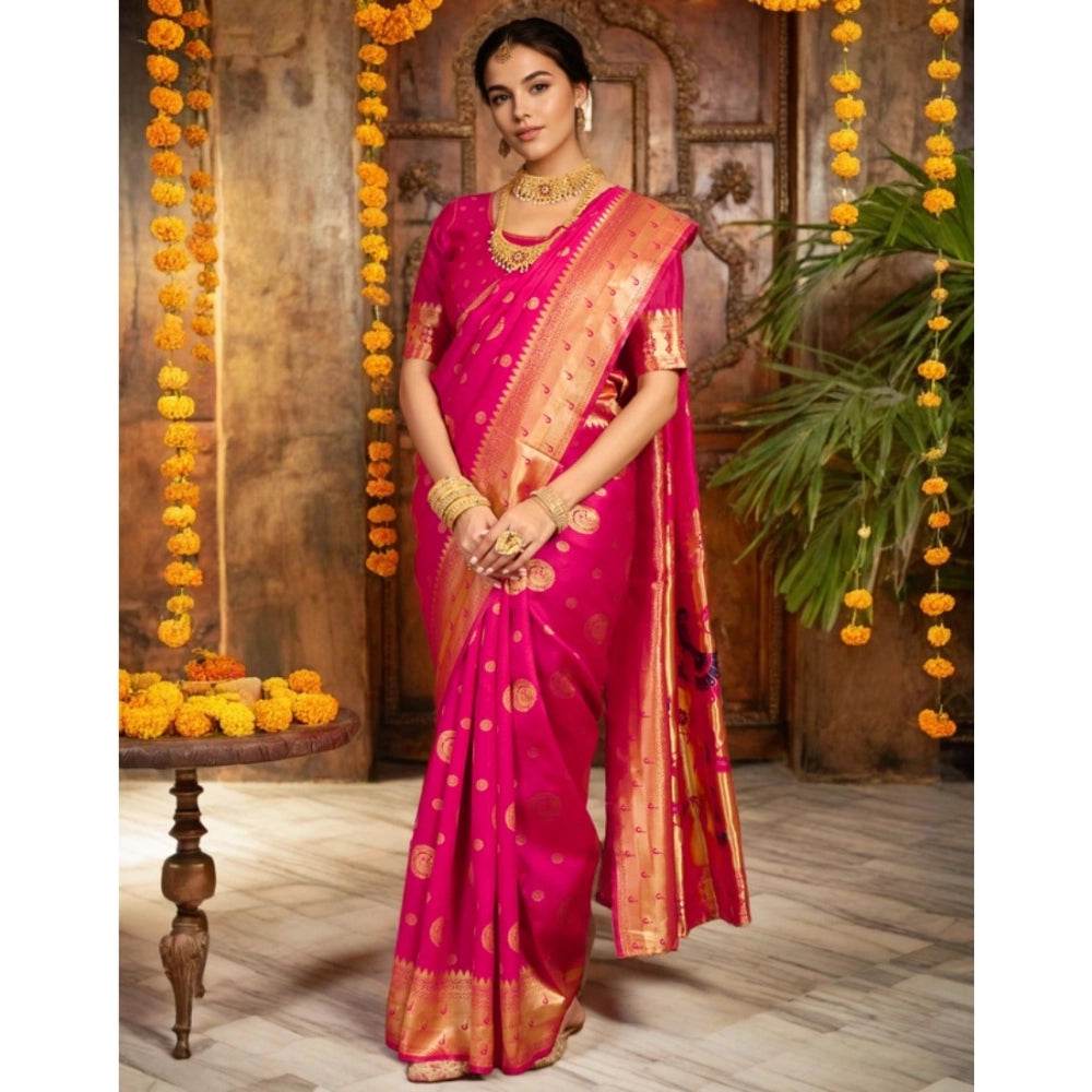 Generic Women's Silk Blend Paithani Saree With Unstitched Blouse 5.5Mtr (Pink) - MYLUXURY LANE ENTERPRISE