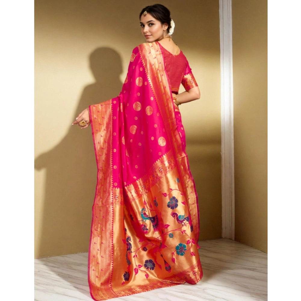 Generic Women's Silk Blend Paithani Saree With Unstitched Blouse 5.5Mtr (Pink) - MYLUXURY LANE ENTERPRISE